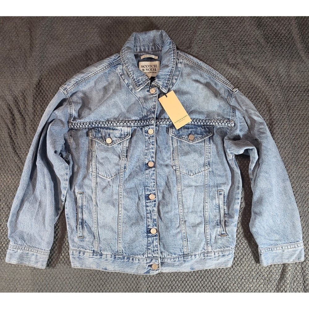 Scotch & Soda Amsterdam Light Wash Denim Trucker Jacket Braided Detail Small NWT